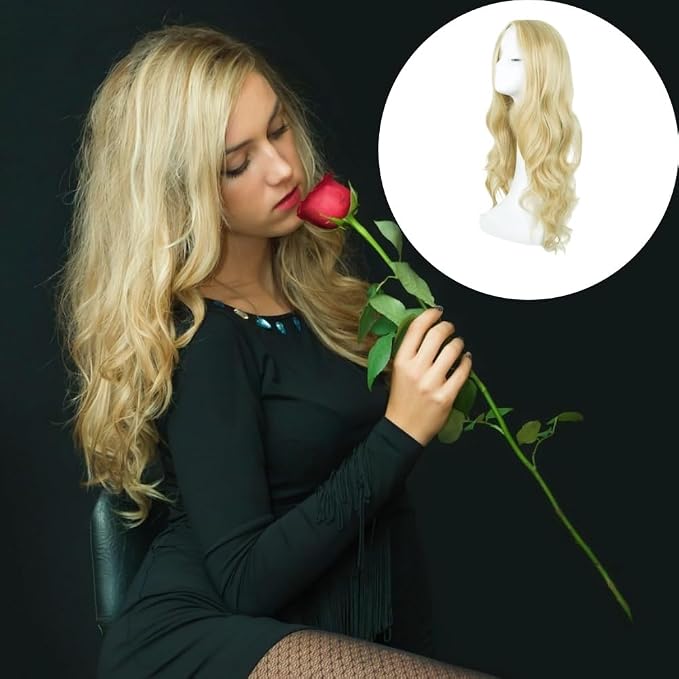 27-Inch Long Blonde Wavy Curly Wig for Women, Full Synthetic Hair Replacement Wig for Costumes, Cosplay, Parties and Everyday Styling
