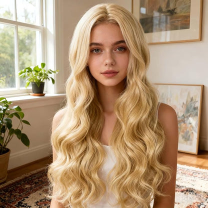27-Inch Long Blonde Wavy Curly Wig for Women, Full Synthetic Hair Replacement Wig for Costumes, Cosplay, Parties and Everyday Styling